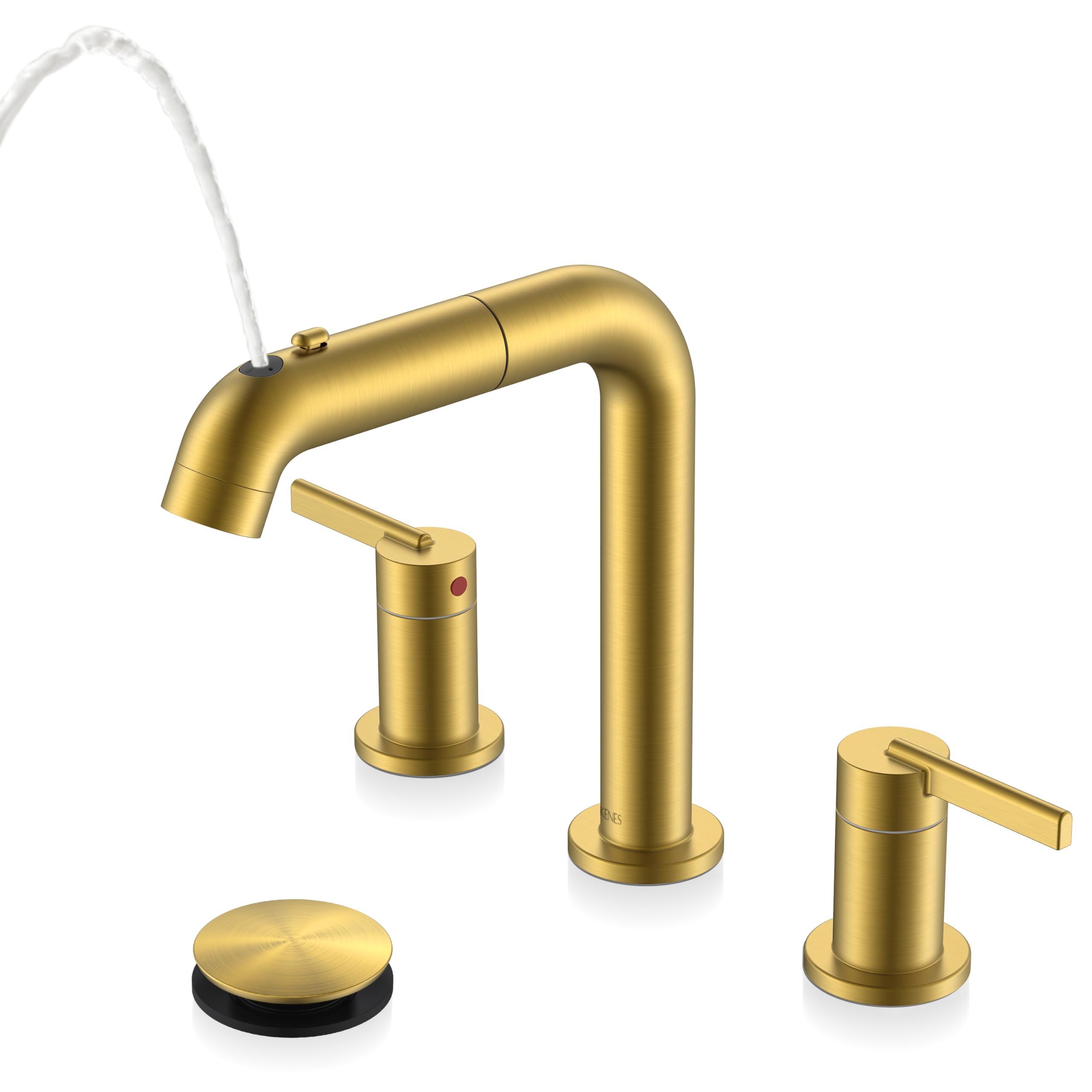 Photo 1 of KENES Brushed Gold Pull Down Bathroom Faucet, 8 Inch 2 Handle Widespread Bathroom Faucet 3 Hole with Pull Out Sprayer, Bathroom Sink Faucet with Pop Up Drain & Supply Lines LJ-9058A-4