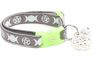 PUGS TO PERSIANS Wicca Cat Collar with Occult Charm & Bell | Witch’s Familiar Cat Collar | Witch Kitten Collar Charms | Glow in The Dark | Safety Breakaway Collar (Small(10lbs & Less), Silver)