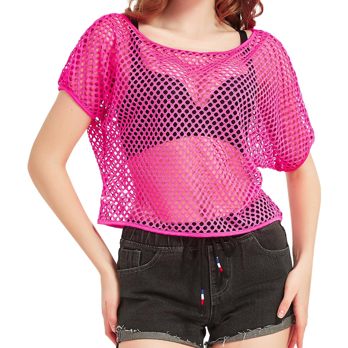 80s Fancy Fishnet Top for Women, Neon Mesh Top Off the Shoulder T-shirt 1980s Retro Theme Party Costume Accessories Cosplay — image 1