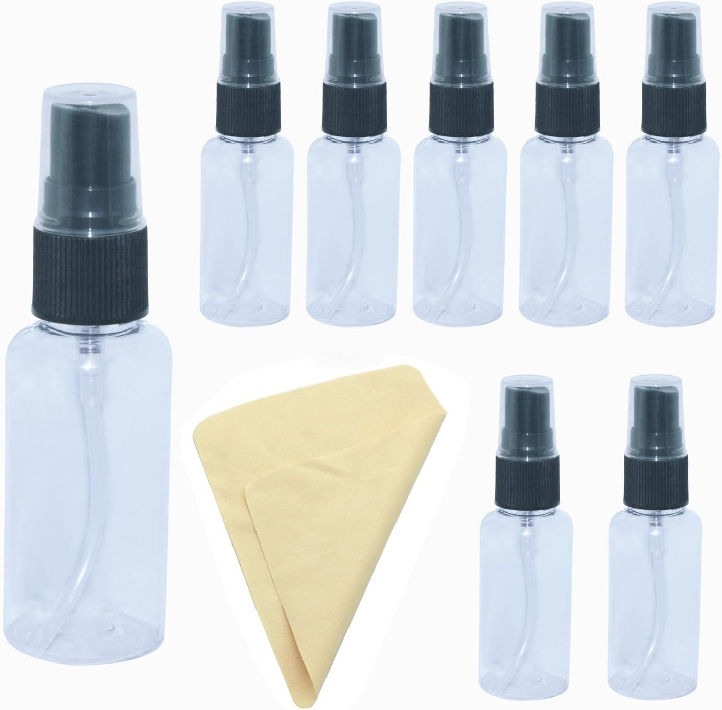 12 PCS 30ml Empty Mist Spray Bottles – velaali Transparent Plastic Travel Bottles Spray Bottles with 1 Microfiber Cleaning Cloth for Essential Oils, Perfume