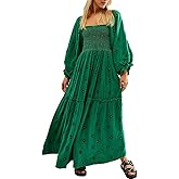 Chloefairy Women's Flower Embroidered Maxi Dress Lantern Sleeve Square Neck Tiered Flowy Spring Fall Dress