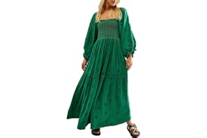 Chloefairy Women's Flower Embroidered Maxi Dress Lantern Sleeve Square Neck Tiered Flowy Spring Fall Dress