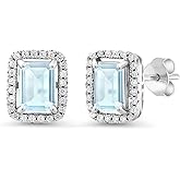 Gem Stone King Halo Earring for Women | 925 Sterling Silver | Gemstone Birthstone Earrings | Emerald Cut 8X6MM | Fine Jewelry Gifts for Her Mom Women Wife