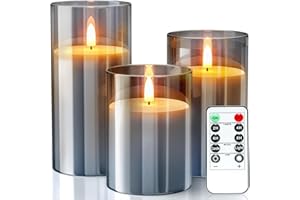 WarmEmbrace Flameless Candles, Tea Lights Candles Battery Operated, Christmas Glass Flameless Candles with Remote, 3-Pack Fake Candles LED Candles for Christmas, Wedding, Table Decorations (Grey)