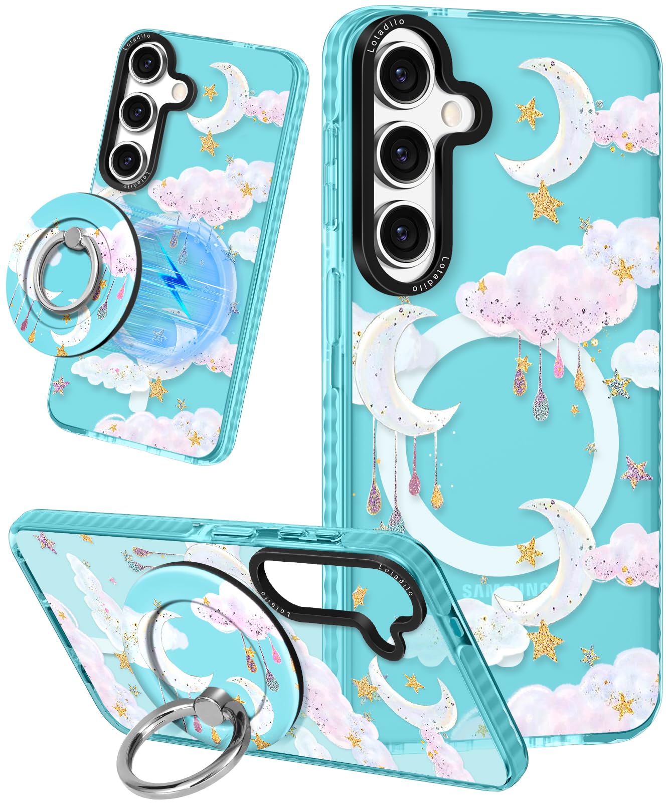 Lotadilo for Samsung Galaxy S24 Case for Women - Girls Cute Design Compatible with Magsafe Magnetic Ring Holder Stand Clouds Moon Phone Covers Aesthetic Girly TPU Funda for S24