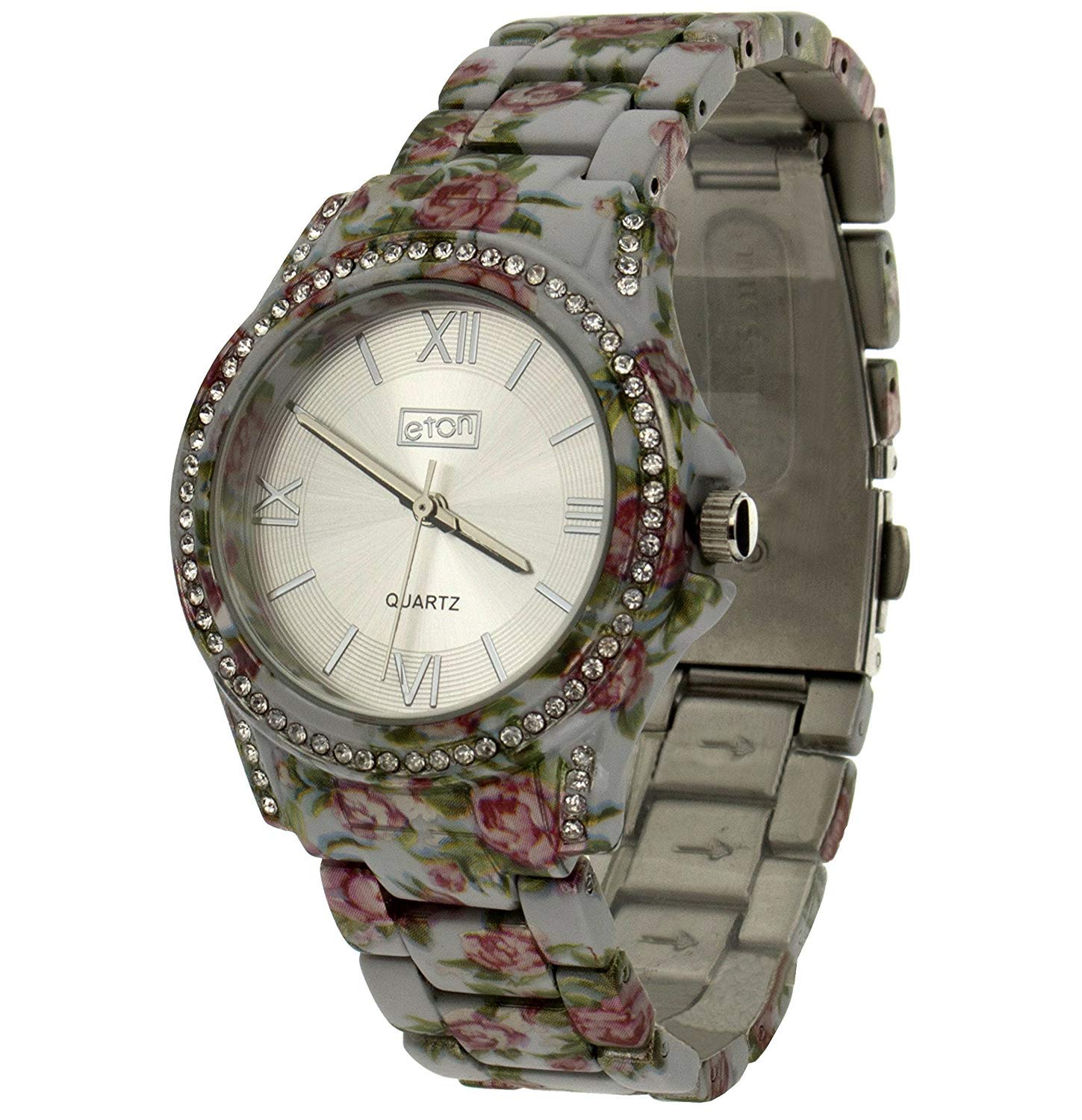Eton Ladies Sunray Dial Crystal Bezel Grey Floral Bracelet Strap Watch 3250L