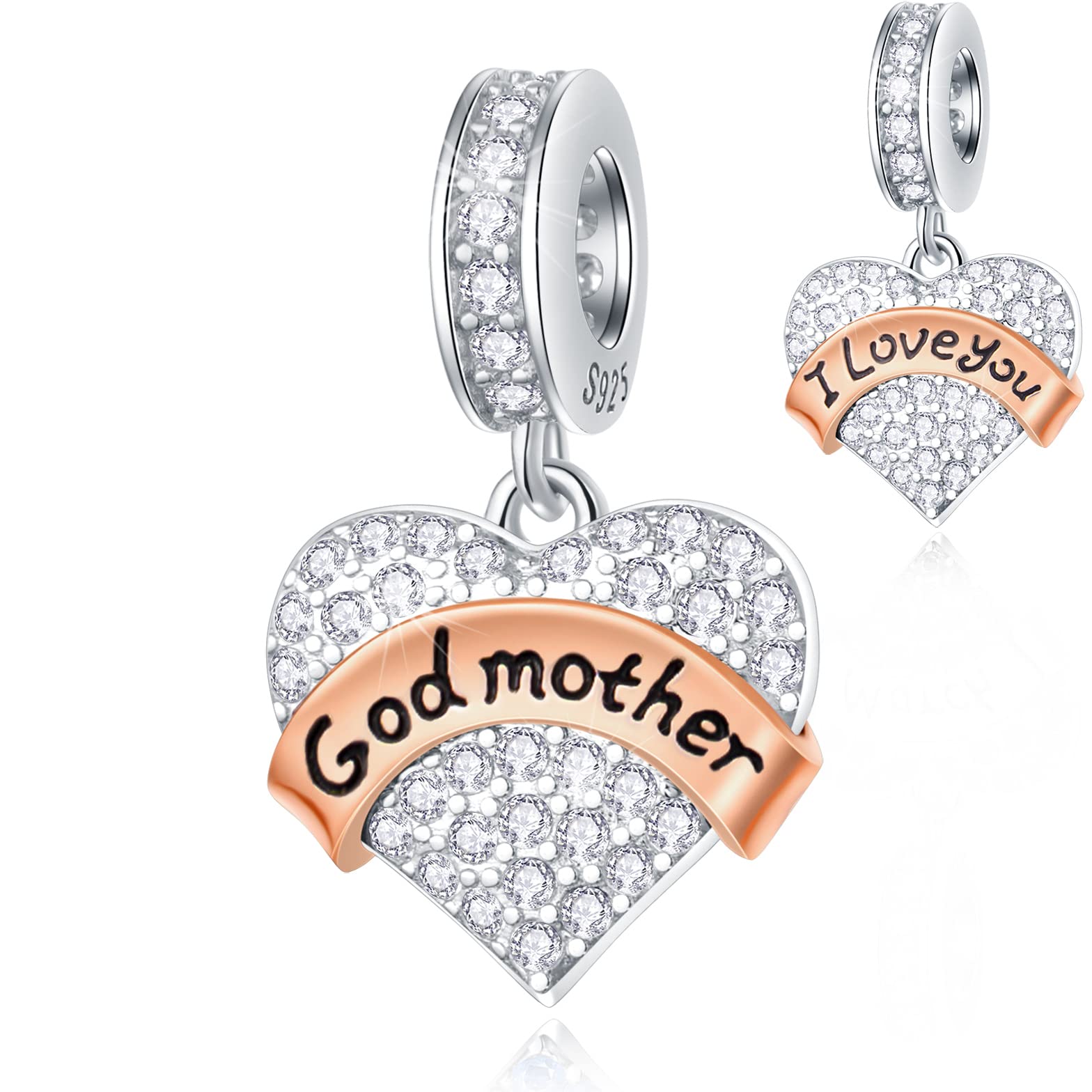 I Love You Godmother Heart Charms in 925 Sterling Silver, fits Pandora Mothers Day Bracelet, Sparkle CZ Godmum Pendant Beads with Rose Gold Ribbon, Gift for Godmum/Christmas