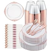 Goodluck 350 Piece Rose Gold Plastic Dinnerware Set for 50 Guests,Fancy Disposable Plates,Include: 100 Rose Gold Rim Plastic Plates,150 Silverwares,50 Pre Rolled Napkins,50 Cups for Party,Wedding