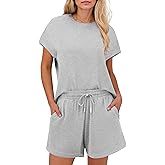 PINSPARK 2 Piece Sets for Women Summer Crewneck Matching Shorts Lounge Set with Pockets Casual Travel Outfits 2025 Trendy