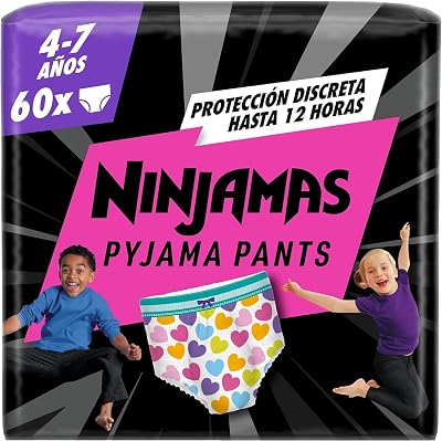Ninjamas Pañal Branguita para Pijama con Corazones, 60 Pañales de Pijama, 4-7 Años, 17kg-30kg, Protección contra fugas toda la noche
