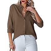 Diosun Womens Button Down Shirts V Neck Long Sleeve Office Casual Business Plain Blouse Tops with Pocket