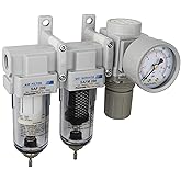 PneumaticPlus SAU230-N02G Three Stage Air Drying System, 1/4" NPT - Particulate Air Filter, Coalescing Filter, Air Pressure Regulator Combo - Poly Bowl, Manual Drain, Bracket, Gauge