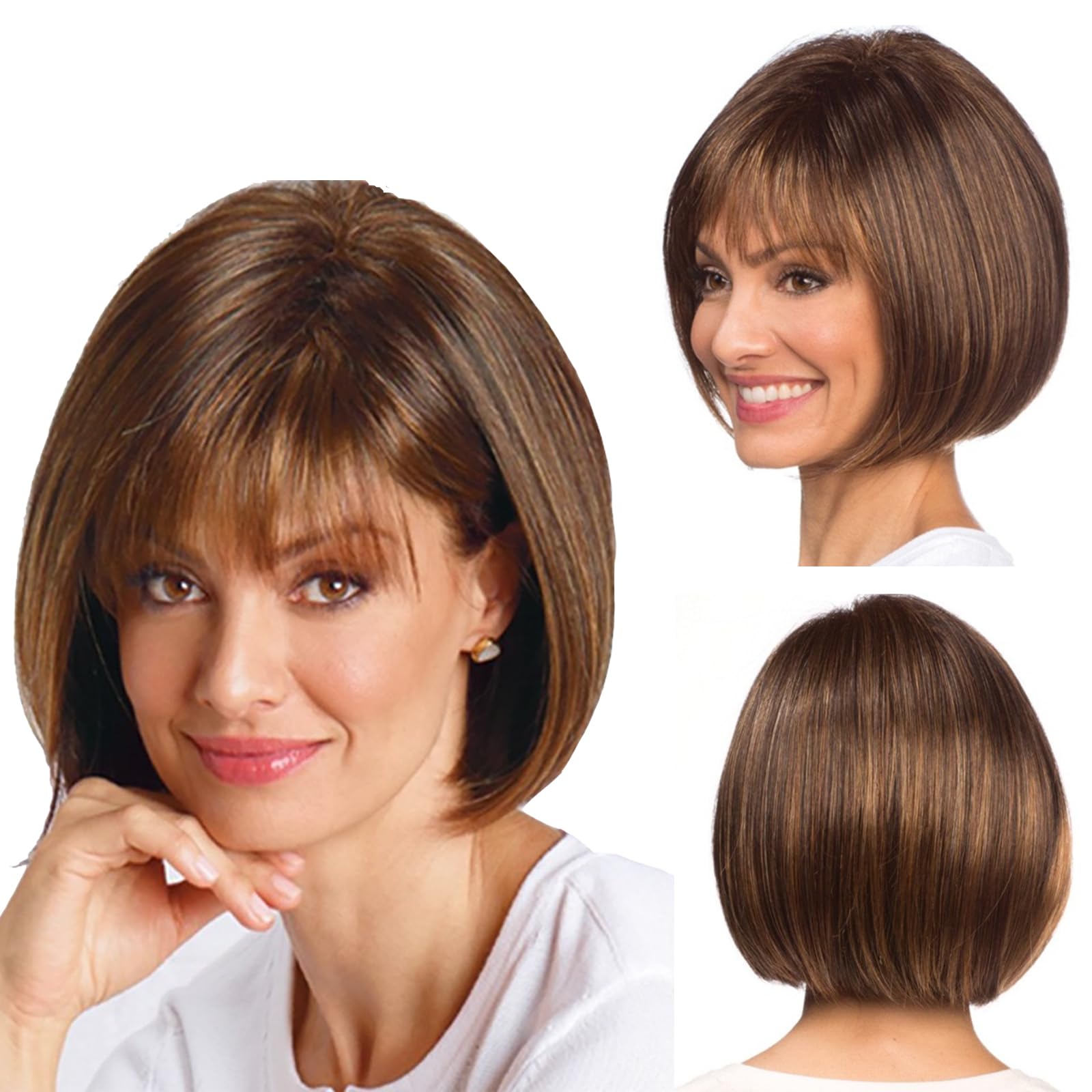 woojfcang Brown Bob Wig with Fringe Short Bob Wigs for Women Ladies Bob Hair Wigs Synthetic Straight Wig for Daily Party Cosplay Costume Halloween Christmas Fancy Dress Accessories