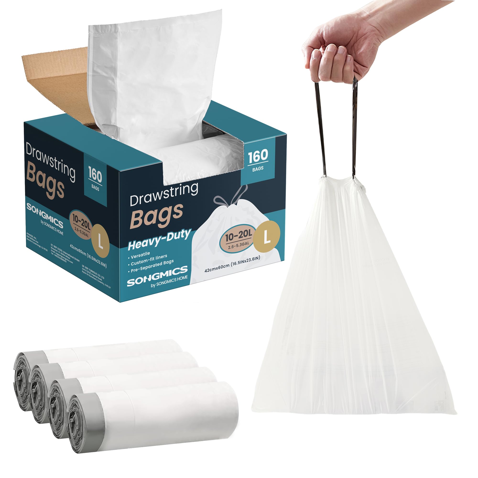 Photo 1 of SONGMICS Trash Bags for 5.3 Gallon (20 L) Trash Cans, Drawstring Kitchen Garbage Bags, Pre-Separated, Quick-Dispense Box, Liner Code L, 4 Rolls, 160 Count, White UKRB021A04