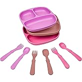 Re-Play 3x3 Divided Toddler Plates and Utensils Set - Toddler Forks and Spoons Set - Dishwasher and Microwave Safe - Made in USA - Berry