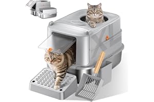 PIRAIL Stainless Steel Cat Litter Box with Lid, XL Extra Large Metal Litter Box for Big Cats, 180° Flip Cover Enclosed Top Entry Litter Boxs with High Sided Enclosure & Scoop, Non-Sticky, Anti-Leakage