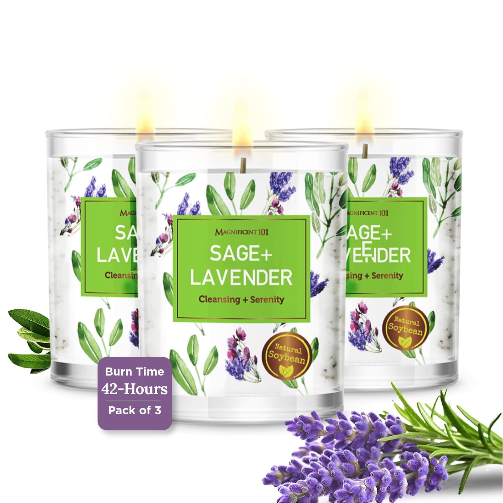 Magnificent 101 Set Of 3 Long Lasting Pure Sage & Lavender Candles - 3.5 Oz Each - 42 Hour Burn Time | All Natural, Organic, Petroleum & Paraffin Free Natural Soy Wax Candles For Home Energy Cleansing