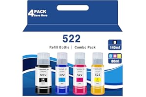 COULEURIS 522 High Colour Accuracy Ink Bottles Replacement for Epson T522 502 Use for Refill EcoTank ET-2803 ET-2800 ET-2720 ET-3750 ET-4800 ET-4700 ET-2750 Printers Black Cyan Magenta Yellow 4 Bottles