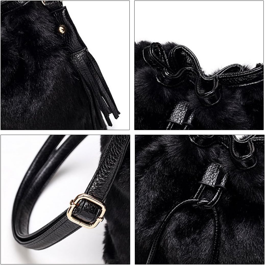 Millya Winter Women Shoulder Bag Faux Fur Drawstring Bucket Bag Plush Fluffy Handbag Tassel Crossbody Bag - Image 5