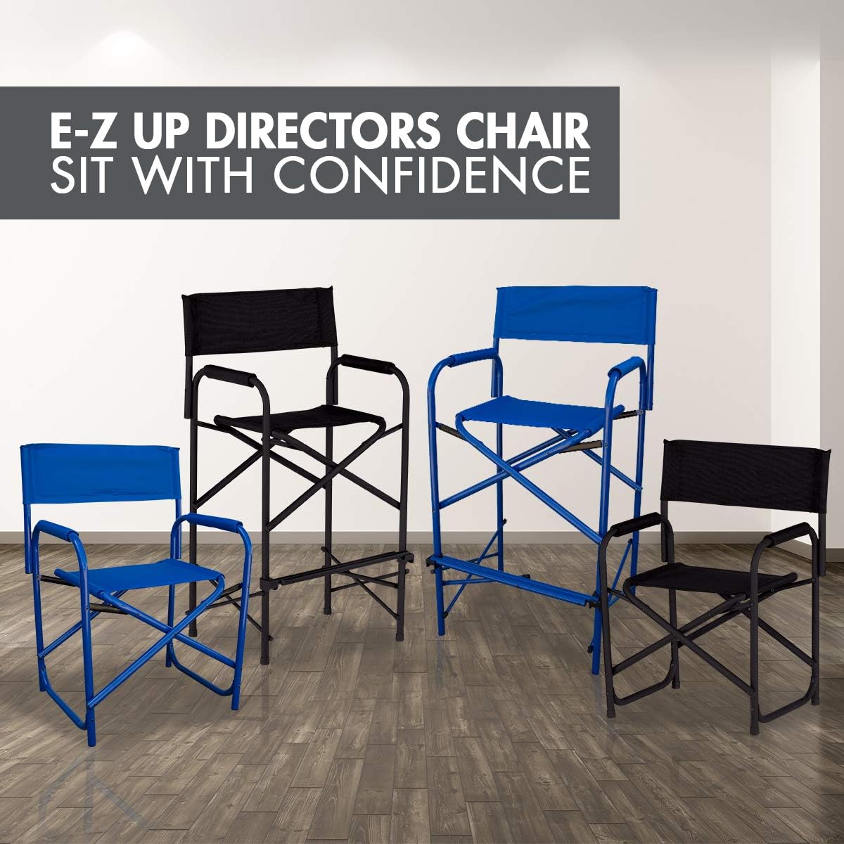 E-Z UP Tall Directors Chair, Seat 31” High, Padded Armrests and Storage Bag, Blue: Furniture & Decor