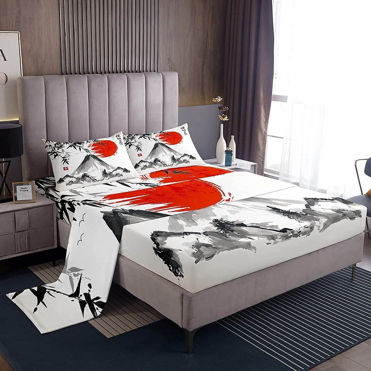 Japanese Style Bed Sheets Exotic Fuji Mountain Sun Printed Bedding Fitted Sheet for Kids Boys Girls Women Men Ink Bamboo Bed Sheet Set Watercolor Ink with 1 Pillowcase 3Pcs Bedding Single Size