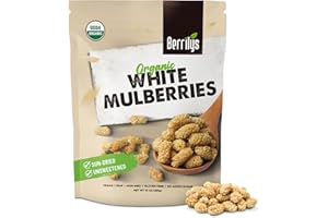 Berrilys Organic Dried Mulberries - White Mulberry, Non-GMO, Unsulfured, Raw, Kosher, Vegan - Healthy Berries, Superfood, No Sugar Added, USDA Organic Certified, FDA Registered Facility - 10oz