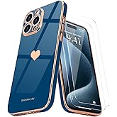 Teageo for iPhone 15 Pro Case with Screen Protector [2 Pack] Girl Women Cute Girly Love-Heart Luxury Gold Soft Cover Camera Protection Silicone Shockproof Phone Case for iPhone 15 Pro, Royal Blue