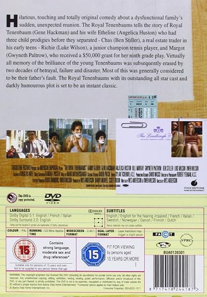 The Royal Tenenbaums Dvd Amazon Co Uk Owen Wilson Luke Wilson Danny Glover Gene Hackman Anjelica Huston Bill Murray Gwyneth Paltrow Ben Stiller Kumar Pallana Seymour Cassel Wes Anderson Owen Wilson Luke Wilson Barry