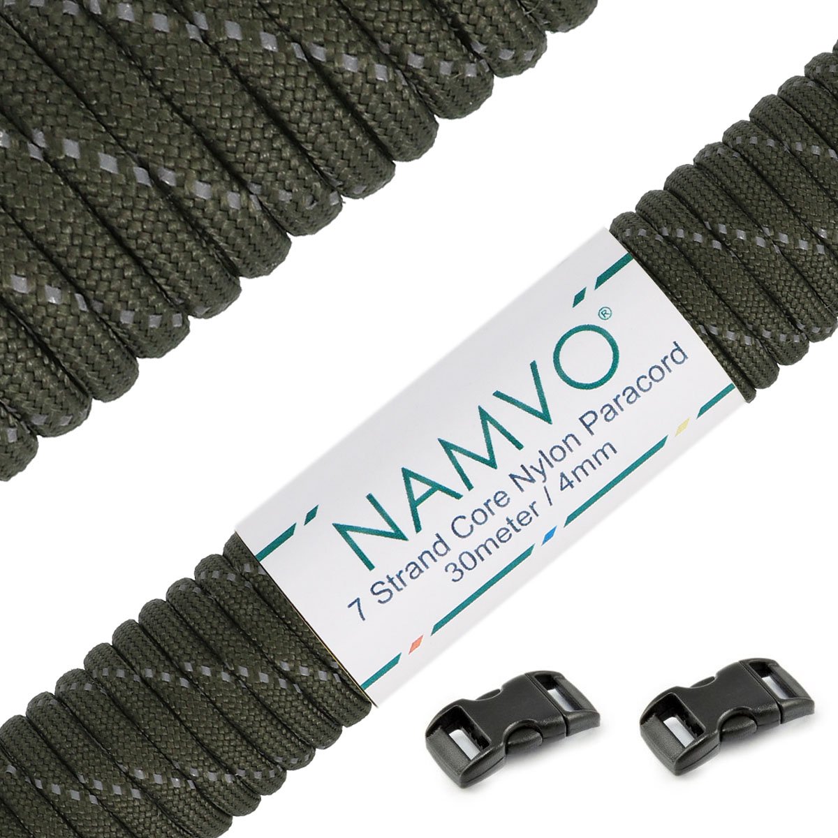 Namvo Green Reflective 550 Paracord Mil Spec Type III 7 strand parachute cord 100ft / 30 Meters