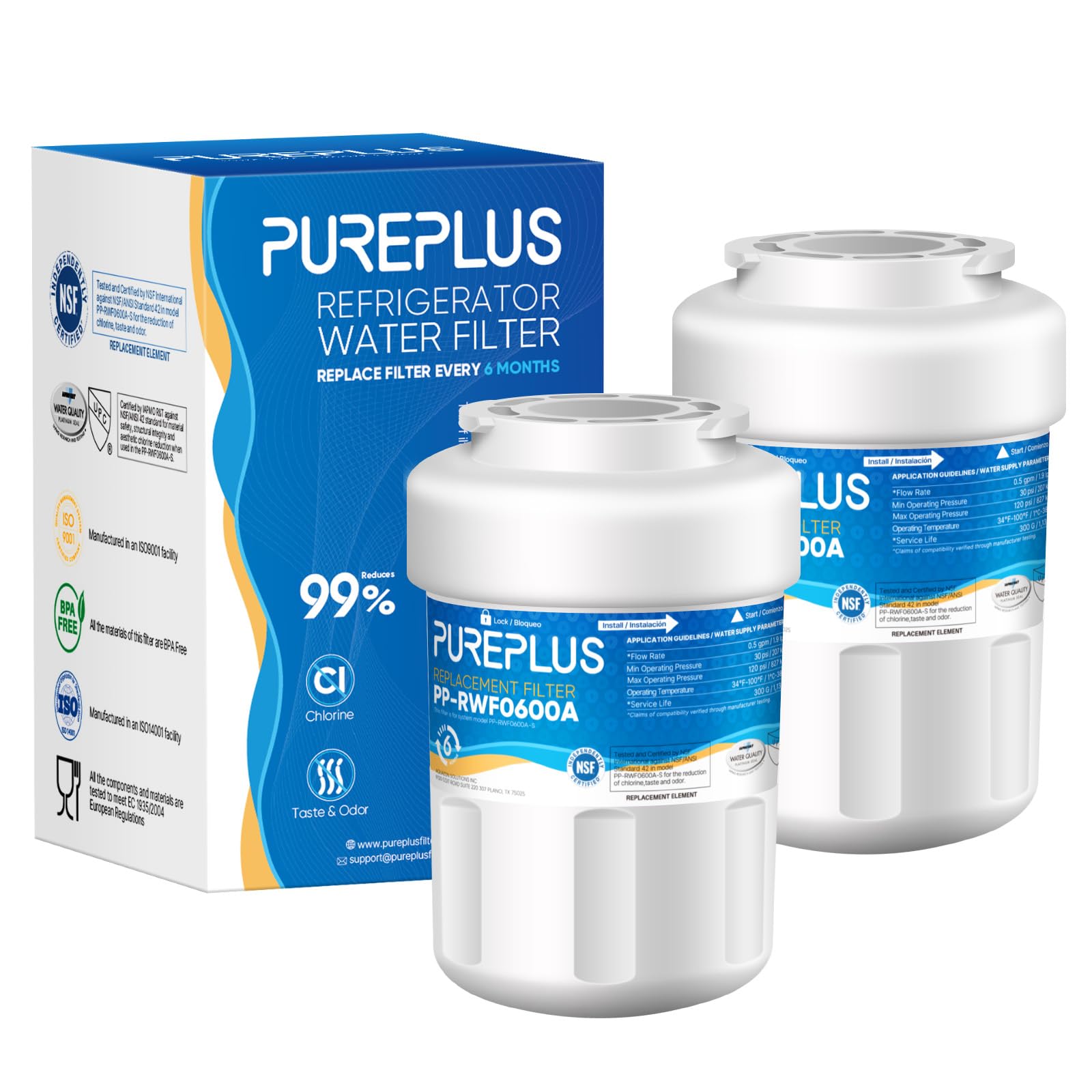 Photo 1 of PUREPLUS Replacement for MWF®, SmartWater® MWFP, MWFA, GWF, HDX FMG-1, WFC1201, GSE25GSHECSS, RWF1060, PC75009, Kenmore® 9991 Refrigerator Water Filter, 2 Pack
