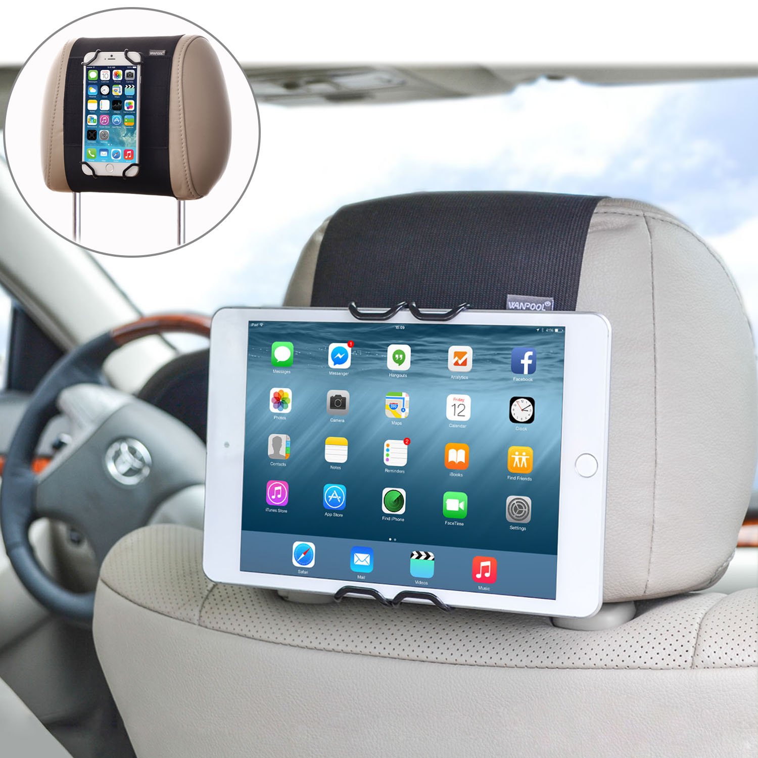 WANPOOL Universal Car Headrest Mount Holder for Cell Phones and Tablets - iPhone Air / 17 Pro Max / 16/15 / 14/13 - Mate 70 Pro - Galaxy S24 - iPad 10th Gen/Air 5 / Mini 6 / Pro 9.7" and More