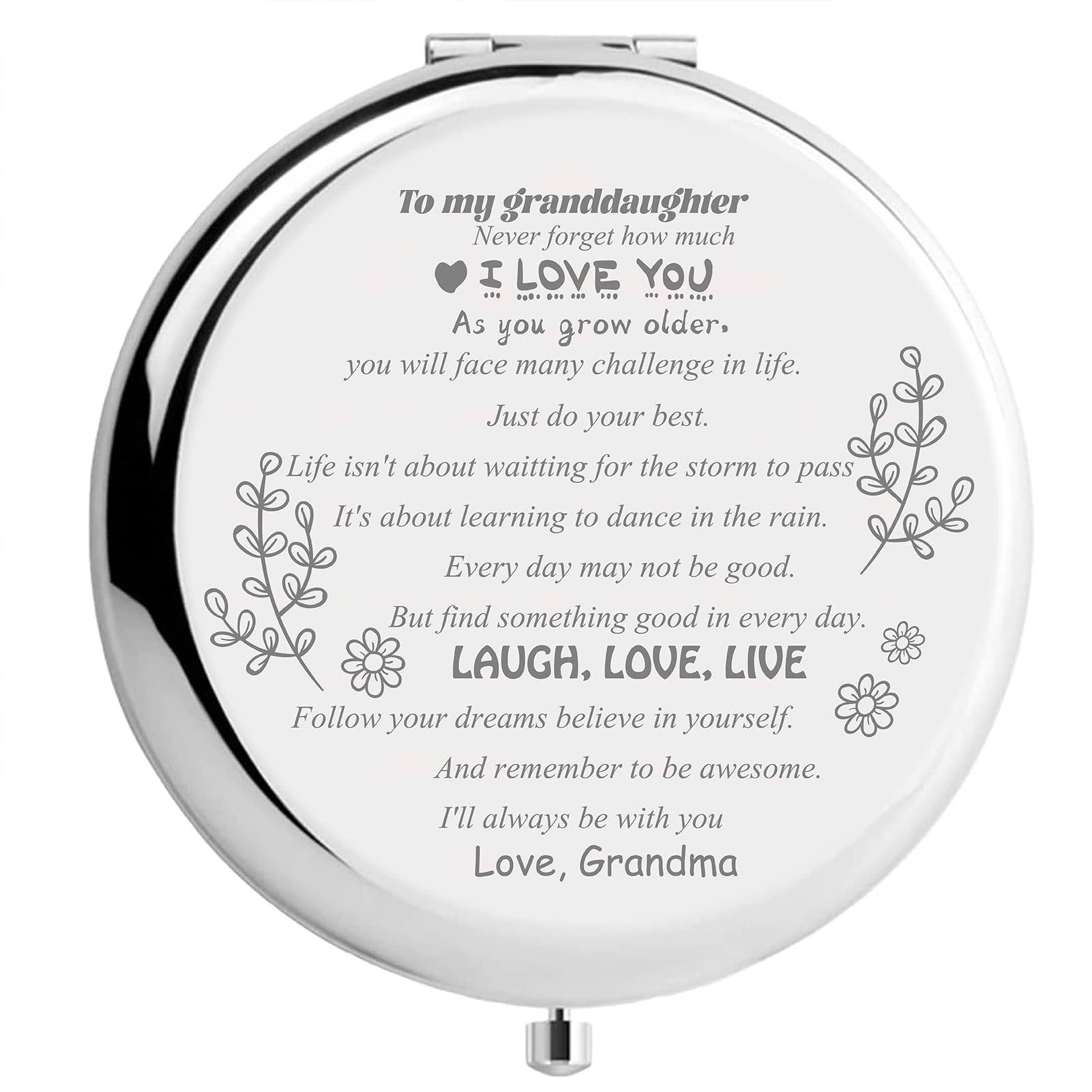 CREATCABIN Compact Pocket Mirror To granddaughter Makeup Mirror Inspirational Quote Travel Two-sided Folding Gift From Grandma Granddad for Women Girls Graduation Birthday Christmas Ideas Gift Silver — image 1