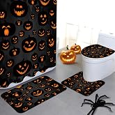 MEHOFOND 4pcs Halloween Shower Curtain Set, Pumpkin Bathroom Rug Sets | Halloween Black Scary Shower Curtain Set for Bathroom Decor with Shower Curtain Non-Slip Rugs Toilet Lid Cover and Bath Mat