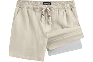 maamgic Mens Casual Linen Shorts 5/7 Inch Elastic Waist Drawstring Summer 2 in 1 Beach Short with Pockets