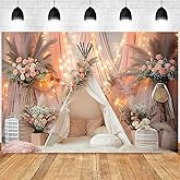 Bohemian Flowers Camp Tent Photography Background Boho Bride to Be Wedding Party Decorations Chic Pink Flowers Wedding Backdrops First Birthday Decorations for Girl Cake Smash Backdrop(B, 7x5ft)