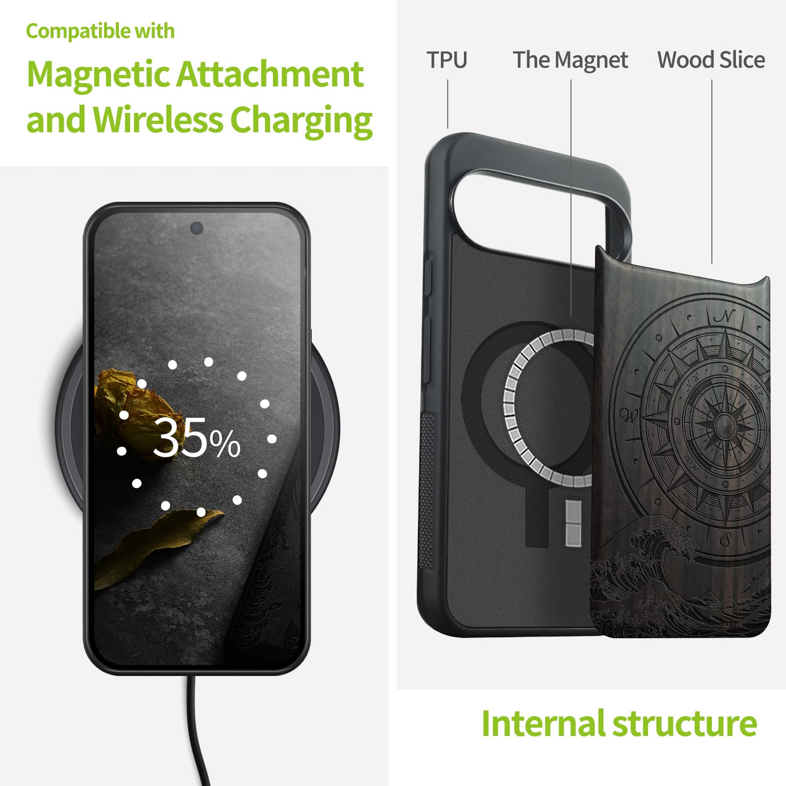 Carveit Holz Cover für Pixel 10 Pro XL hülle, Handyhülle kompatibel MagSafe Silikon Stoßfeste Case, Magnetisch Hull für Google Pixel 10 Pro XL Handyhulle（Dunklesholz-Der Kompass vor Kanagawa Waves） 4