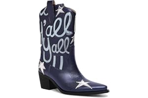 HOCHFART Metallic Cowboy boots for Women Mid Calf Low Heel Pointed Toe Womens Cowgirl Boots Fashion Embroidery Western Pull On Boots