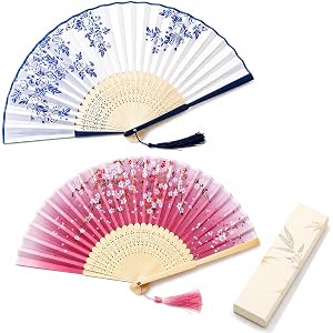 2 Pack Silk Foldable Hand Fans for Women, Bamboo Frames, Gift Packaging | 2 silk folding fans with bamboo frames, tassels and