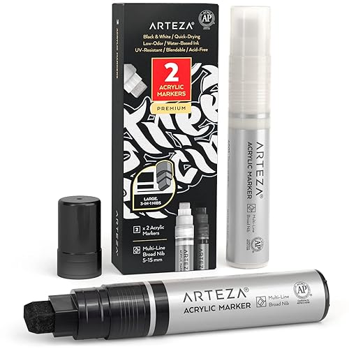 ARTEZA Acrylic Paint Pens, Set of 2, White Black, 3-in-1 Multi