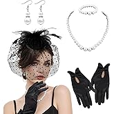 Bniksok Black Fascinators Hat for Women Funeral Veil Hat Feather Headband Pillbox Tea Party Headband Lace Gloves