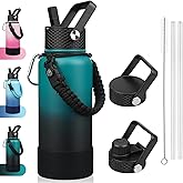 BJPKPK 32oz Insulated Water Bottles with 3 Lids, Paracord Handle & Non-slip Boot, Stainless Steel Metal Water Bottle,Reusable BPA Free Thermal Flasks, Tumblers, Army Green & Black