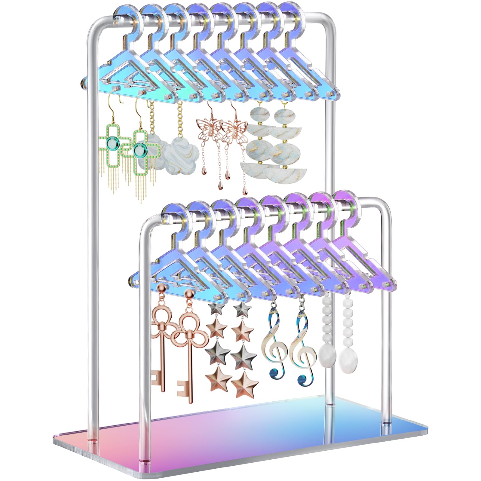 Photo 1 of NiHome Acrylic Earring Holder with Unique Double-Tiered Design, Miniature Clothing Hangers with Spacious Storage for 48 Pairs, Mirror-Finish Display for Home Vanity & Retail Showrooms (Iridescent)
