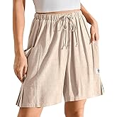 TARSE Women's Linen Bermuda Shorts Casual Wide Leg Drawstring High Waisted Summer Loose Beach Long Shorts with Pockets