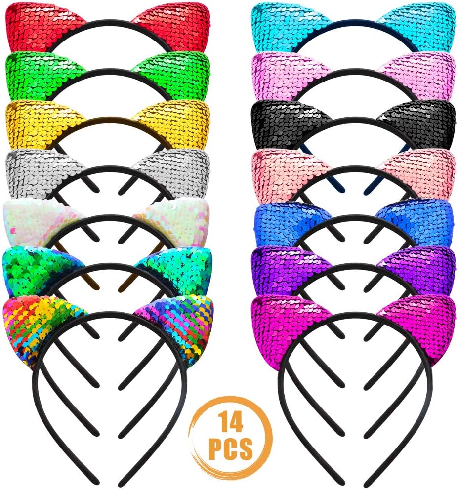 Quacoww 14 Pieces 2 Style Cat Ear Headband Shiny Cute Sequin Headband Girls Women Hair Accessories for Daily Life Party Cosplay 14 Colors