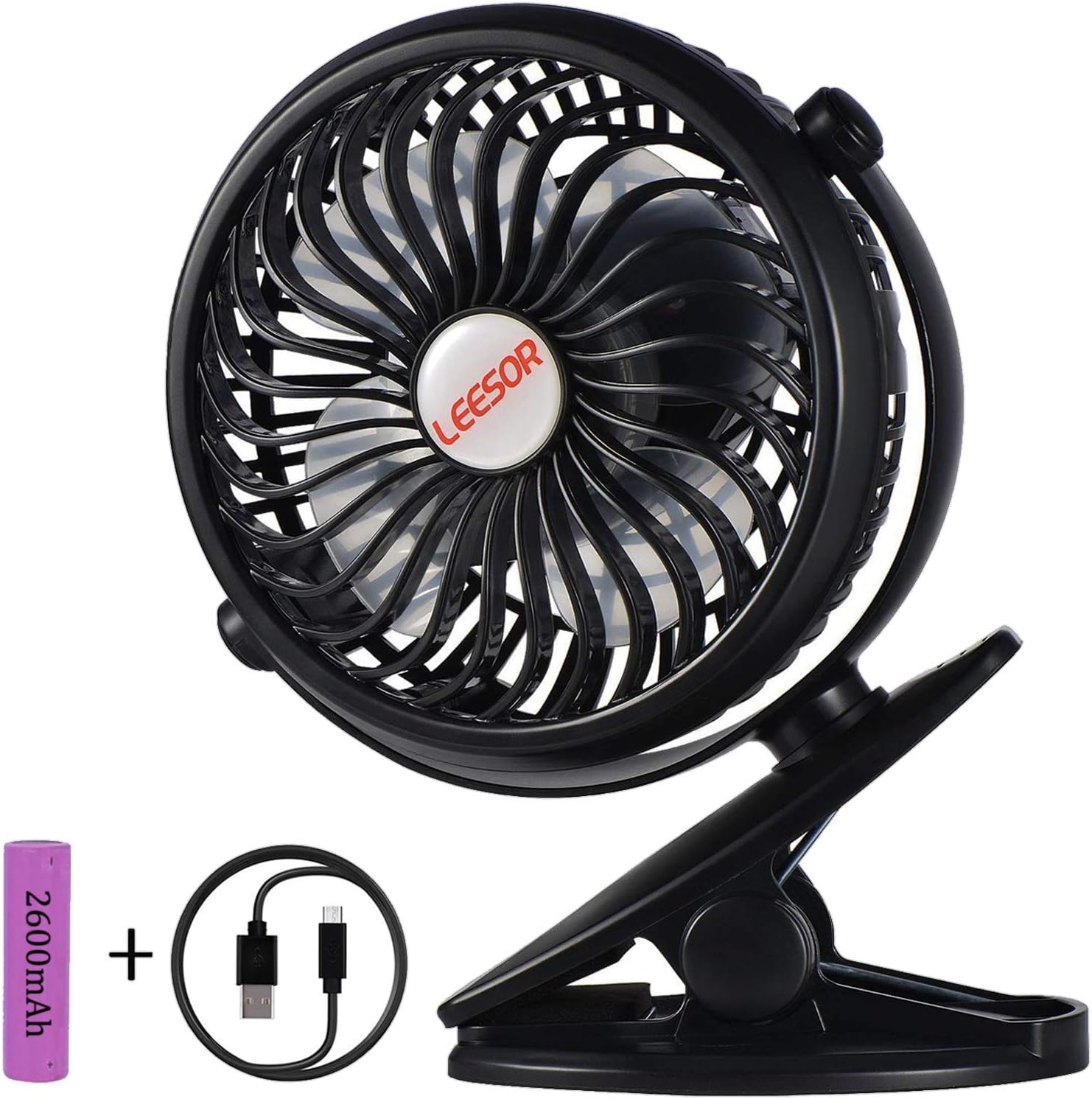 Battery Powered Fan Clip on Rechargeable Portable Mini USB for Table Stroller Outdoor, Black