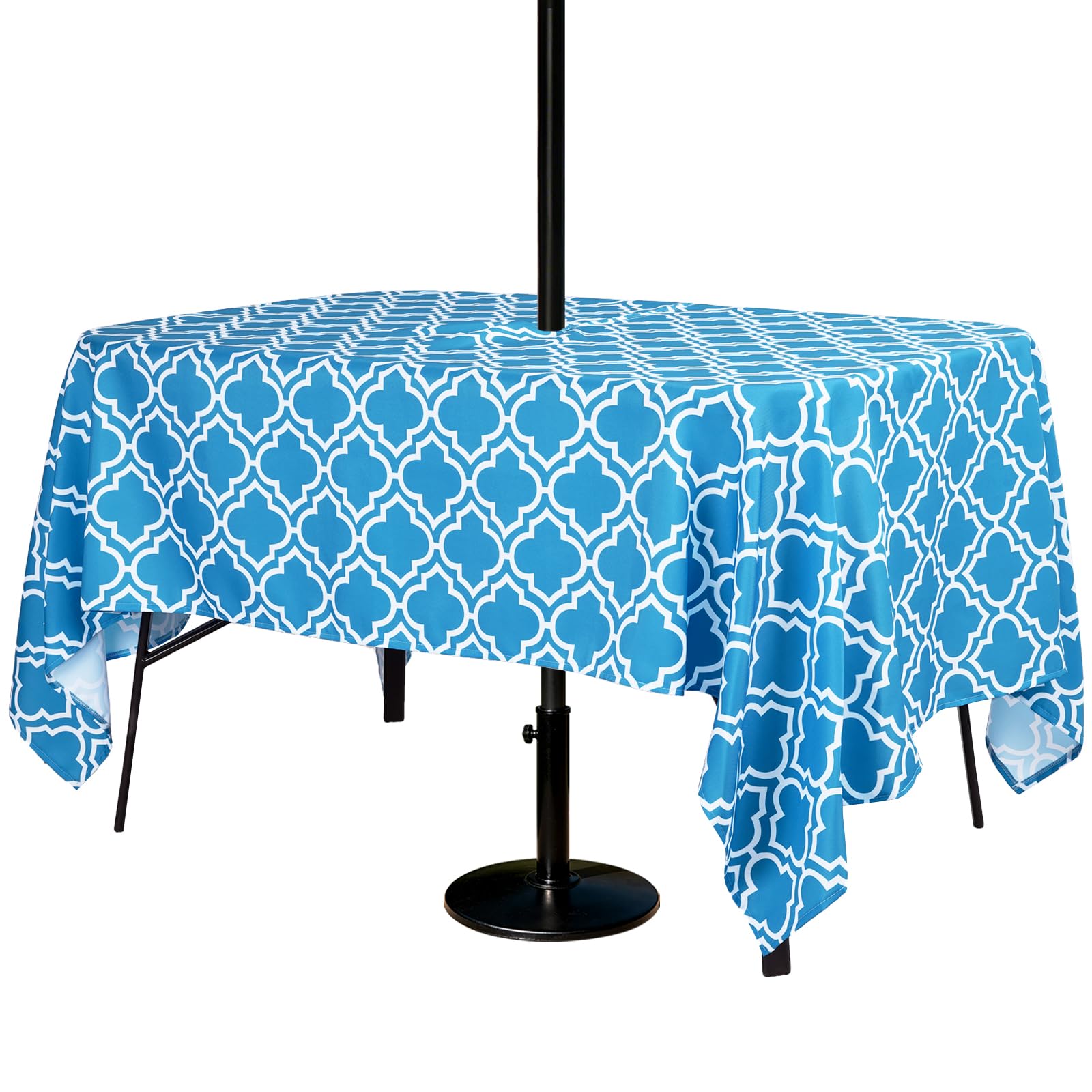 3E Home Patio Outdoor Table Cloth,Water Resistant Rectangle Tablecloth With Umbrella Hole for Picnic Garden Party,(152x213cm) Blue & White-Lattice