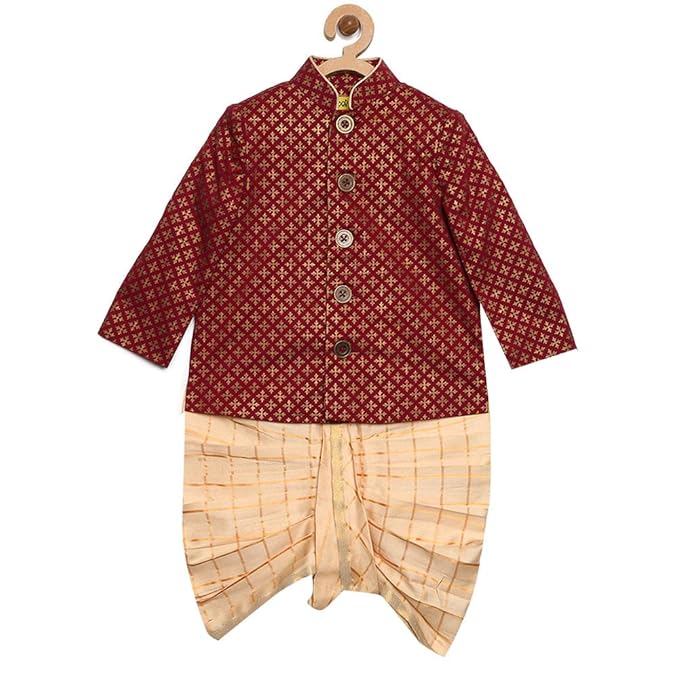 Tiber Taber By Hopscotch Baby Boys Cotton Infant Printed Bandgala Dhoti Set in Maroon Color