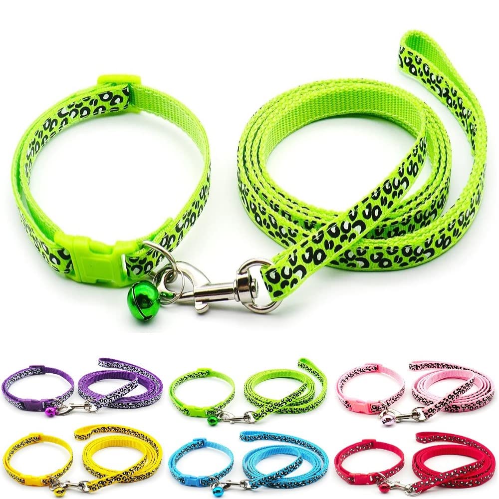 Small Dog Puppy Pet Collar and Lead Set Leopard Print Design Nylon Adjustable Size 19-32cm Collar with Bell and 120cm Leash Green
