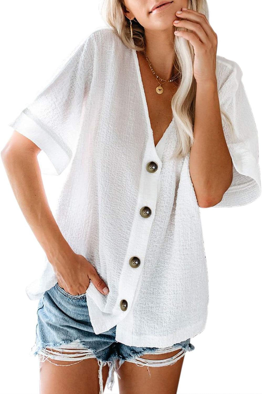 Acelitt Women V Neck Short Sleeve Button Down Blouse, S-XXL