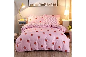 EROSEBRIDAL Kawaii Bedding, Pink Strawberry Decor Comforter Cover Set, for Women Girls Kids Kawaii Room Decor, Cute Strawberry Bedding Sets Soft Reversible Cute Kawaii Strawberry Duvet Cover, Twin Size